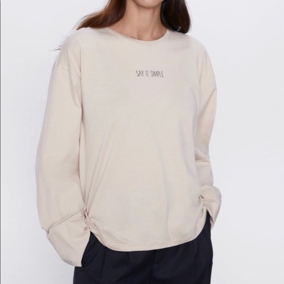 Zara Tan Round Neck Long Sleeve T-Shirt Size M NWT - Picture 1 of 8